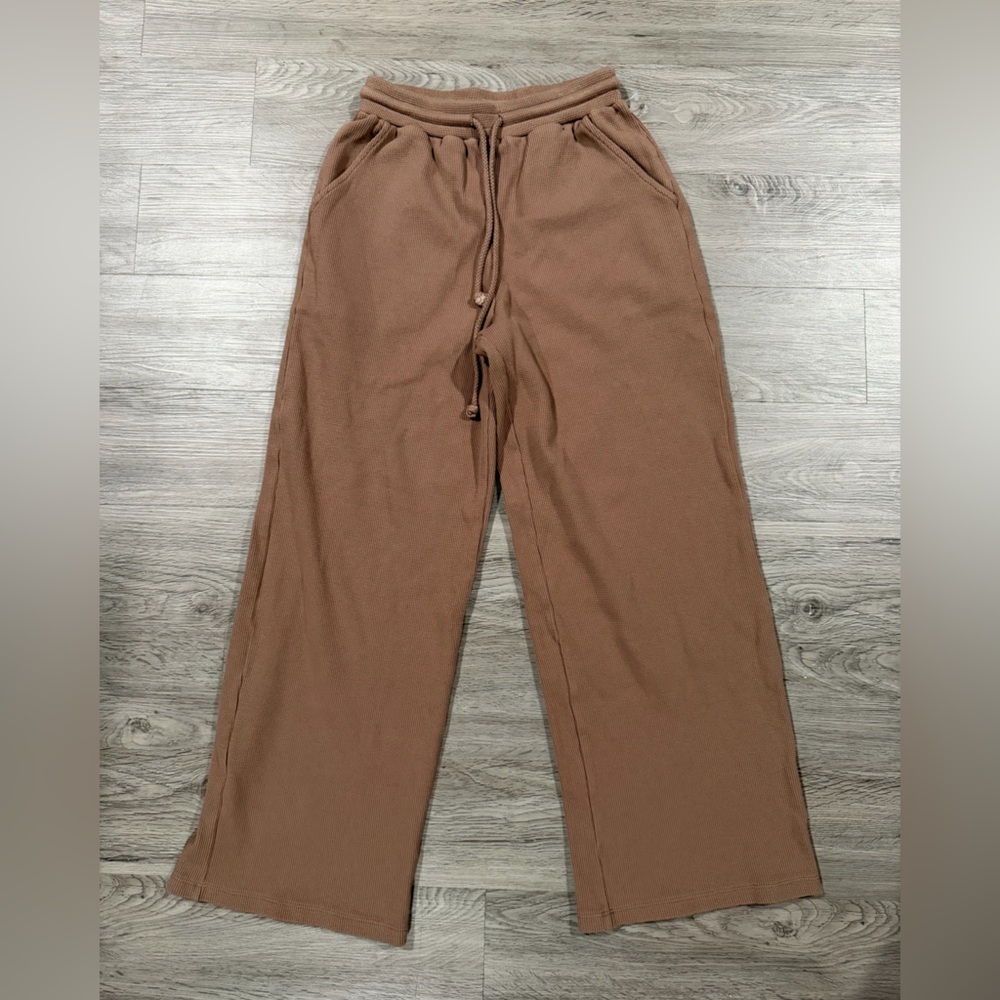 Lovers and Friends Waffle Knit Pull On Women's Wide-Leg Drawstring Pants - Brown